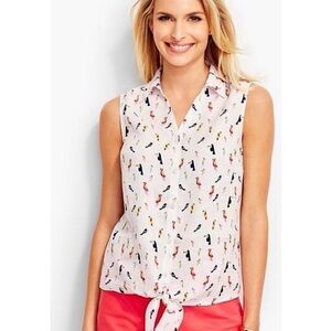 Talbots 100% Linen Parrot Print Sleeveless Blouse L White Novelty Print Tropical